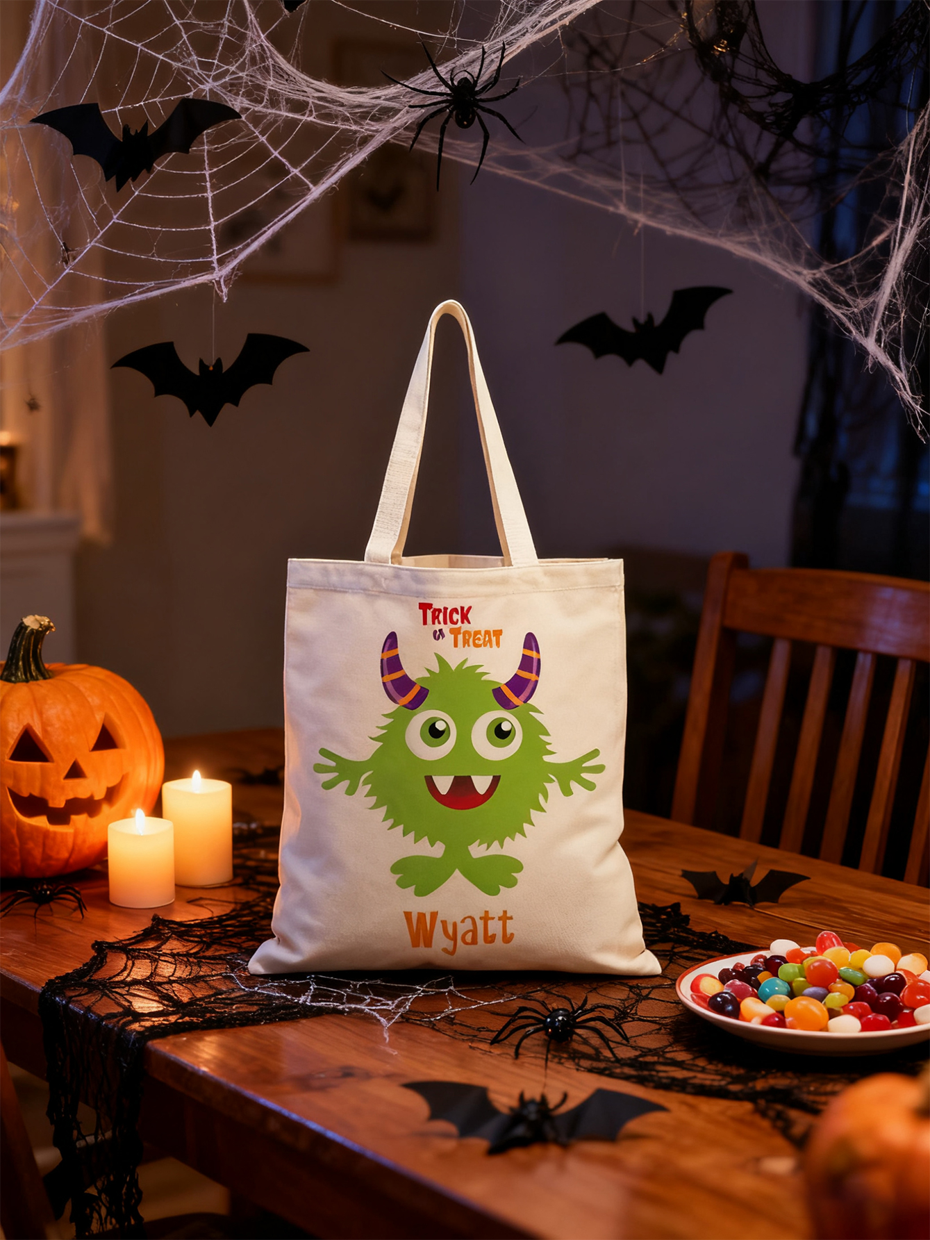 Halloween Green Short-legged Monster Canvas Candy Bag